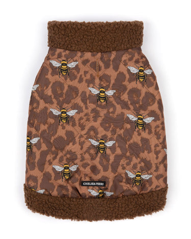 Leopard Bee Print Dogs Quilted Puffer Jacket - Brown